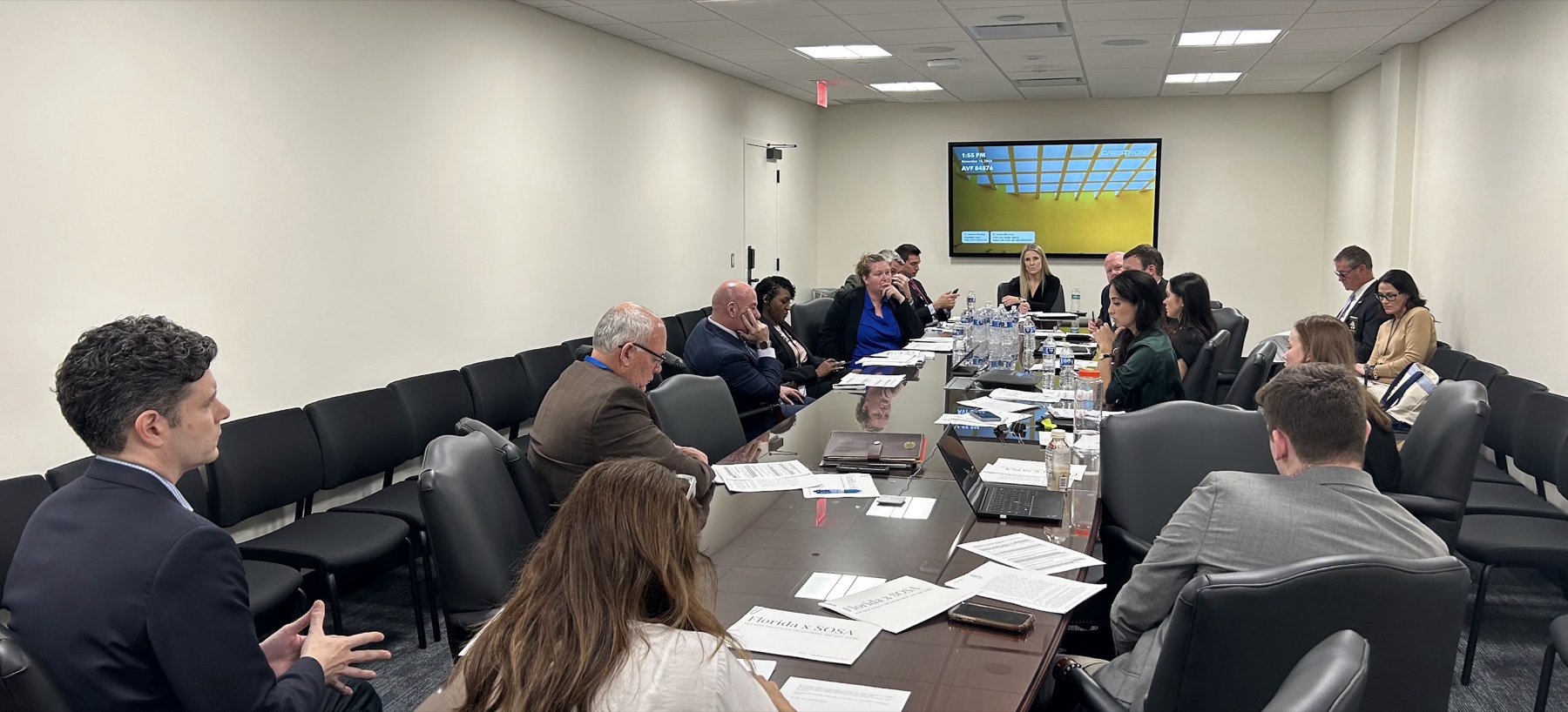 Roo Powell in a roundtable meeting at a state Capitol