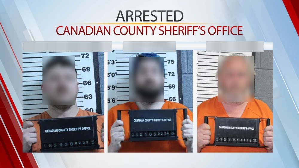 A sheriff's office broadcast graphic announcing arrests, with faces and names obscured